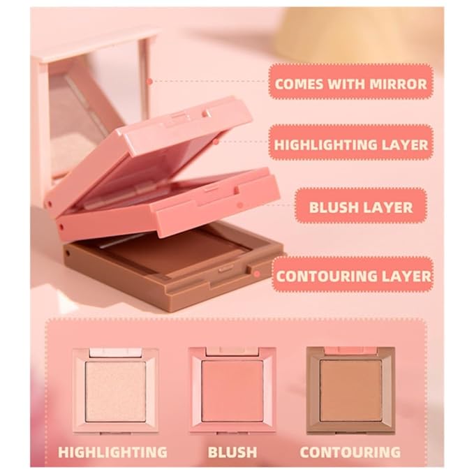 Contour and Highlight Blush Makeup Palette, Cream Bronzer, Silky Smooth Powder Blush, Shimmer Highlighter Makeup Powder, 3-in-1 Mixable Three-Piece Eyeshadow Palette with Mirror (01#)