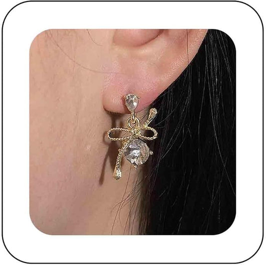 Vintage Rhinestone Bow Drop Earrings Gold Teardrop Crystal Earrings Round Cut Stud Earrings Bow Crystal Bridal Earrings Jewelry for Women