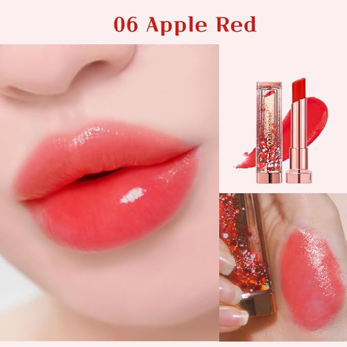 [SET] CORINGCO Sparkle Cute Color Changing Lip Balm｜ Colored Lip Cream Lip Gloss, Glitter Lip Care Lip Pack Birthday Gift Glitter Gift Sequin Shiny Spangle Lipbalm (#06 Apple Red)