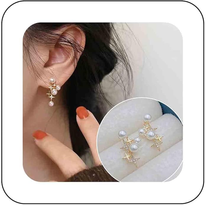 Vintage Pearl Star Earrings Rhinestone Pearl Drop Earrings Gold Crystal North Star Earrings Cz Northstar Studs Earrings Jewelry for Women