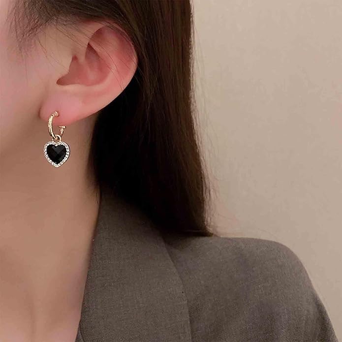 Vintage Crystal Heart Drop Earrings Black Heart Onyx Earrings Black Heart Hoop Huggie Earrings Gold Cz Love Heart Earrings Jewelry for Women