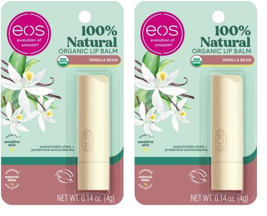 eos 100% Natural & Organic Lip Balm Stick- Vanilla Bean | Dermatologist Recommended for Sensitive Skin | All-Day Moisture Lip Care Products | 0.14 oz (Pack of 2)