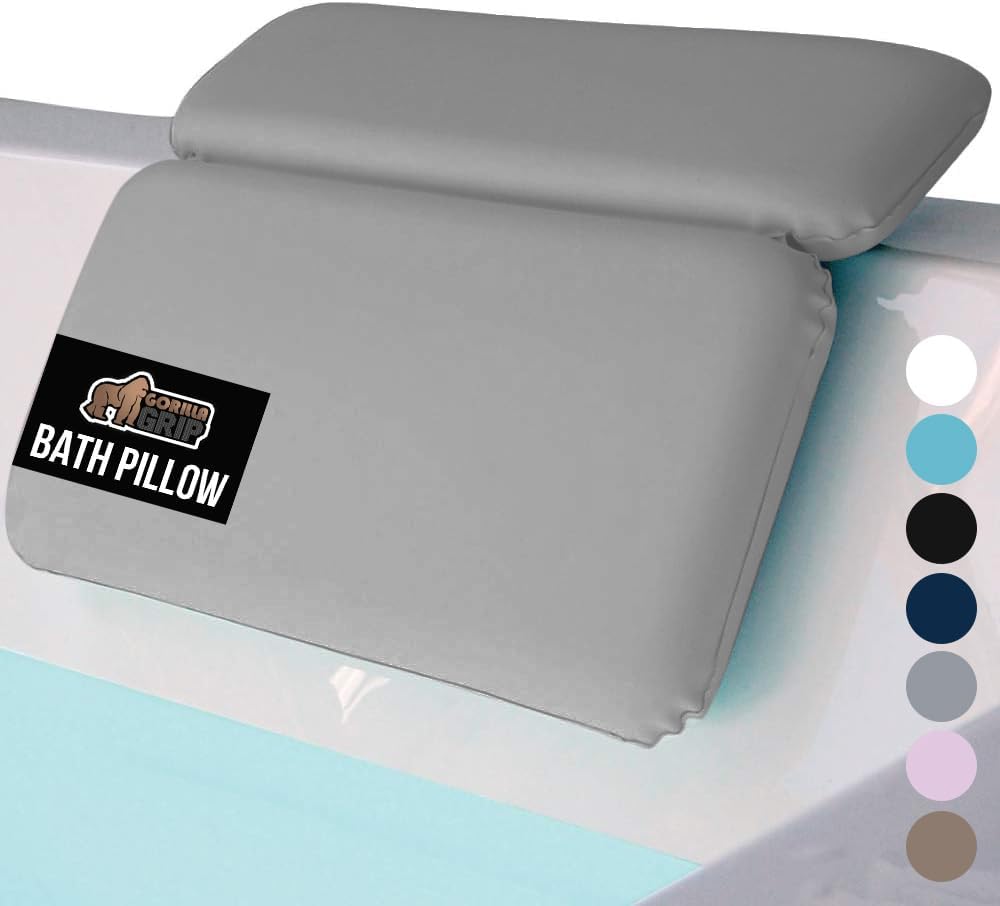 GORILLA GRIP Bath Pillow for Tub, Improved Suction Cups, Luxury Bathtub Pillows, Headrest for Neck and Back Support, Relaxing Home Spa, Hot Tubs and Bathroom Essentials, Gifts for Women, 2 Panel Gray