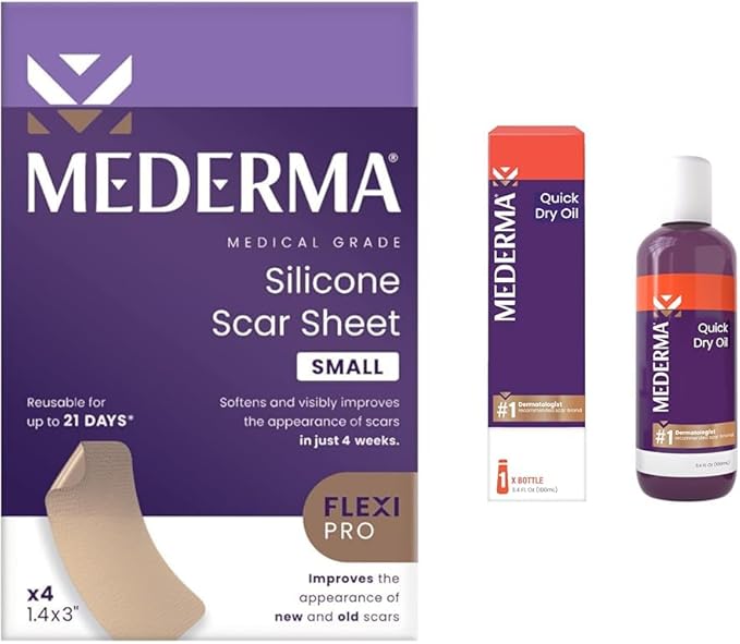 Mederma Scar Sheets and Oil Bundle; Improves Appearance of Scars and Stretch Marks; 4 Reusable Silicone Sheets and 3.4oz Fast Absorbing Botanical Oil