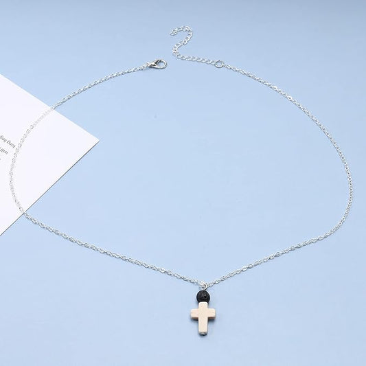 Boho Cross Pendant Necklace Black Lava Bead Choker Necklace Silver Chain Necklace Minimalist Everyday Necklace Jewelry for Women and Girls