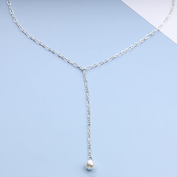 Boho Long Pearl Necklace Gold Lariat Y Necklace Choker Pearl Pendant Necklace Vintage Minimalist Necklace Chain Jewelry for Women and Girls