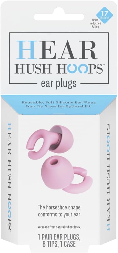 Hush Hoops Ear Plugs, Ultra-Soft Reusable Silicone Plugs with Horseshoe Shape for Comfort, Designed for Sleep and Sound Suppression, 17dB (NRR) Noise Reduction Rating, Pink, 1 Pair with Travel Case