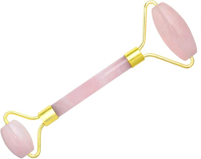 Rockcloud Natural Crystal Stone Roller Massager Double Neck Face & Neck Massage Therapy Anti-Aging Wrinkle Healing Slimming Skincare Tool,Rose Quartz