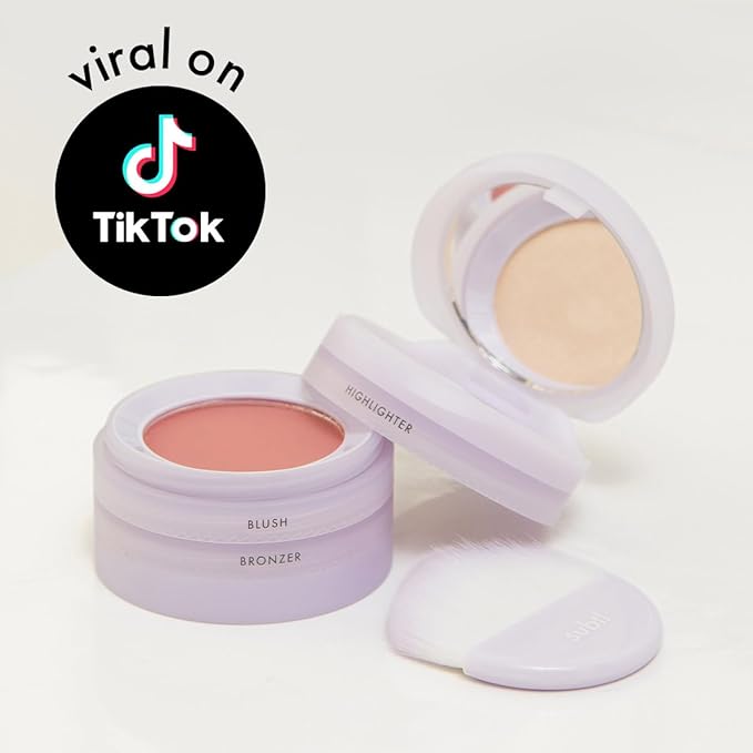 Subtl Beauty 3-in-1 travel makeup kit by subtl staks | powder blush, bronzer, and highlighter | includes mirror lid and mini brush | for medium-tan skin tones