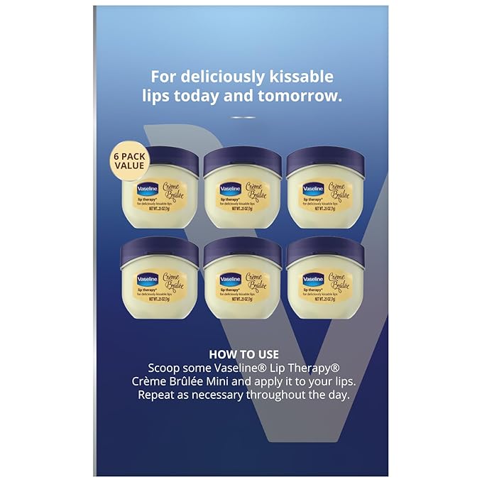 Vaseline Lip Therapy Creme Brulee Mini, White Petrolatum, Advanced Moisturizer, Relieves Dull and Dry Skin, Mini Vaseline Petroleum Jelly, Soft & Smooth Vaseline Lips (Pack of 6-0.25 Oz Ea) 