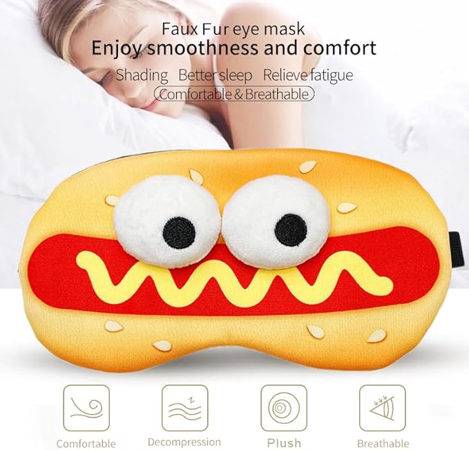 PERFECTSIGHT Sleep Eye Masks, Cute Plush Sleep Eye Cover Lightweight Adjustable Eyeshade Faux Fur Mask Cover for Women Men Sleep Travel Nap (Hotdog)