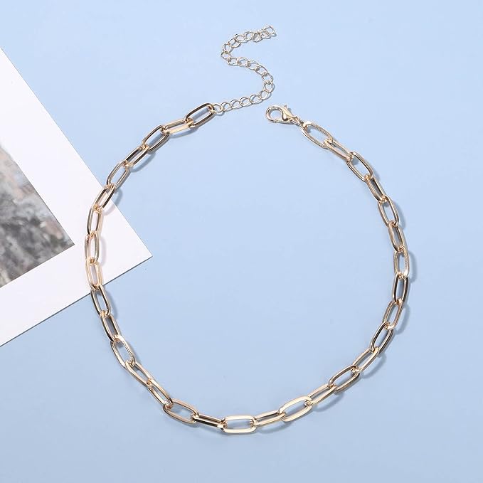 Punk Paper Link Choker Necklace Gold Paperclip Chain Necklace Choker Open Link Chain Necklace Trendy Chain Necklace Jewelry for Women and Girls