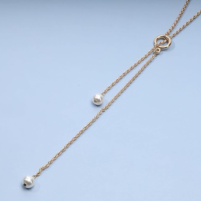 Boho Pearl Lariat Necklace Gold Chunky Chain Y Necklace Pearl Tassel Necklace Long Necklaces for Women and Girls Prom Bridal Necklace Jewelry