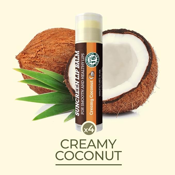 SPF Lip Balm 4-Pack by Earth's Daughter - Lip Sunscreen, SPF 15, Organic Ingredients, Coconut Flavor, Beeswax, Coconut Oil, Vitamin E - Hypoallergenic, Paraben Free, Gluten Free, New