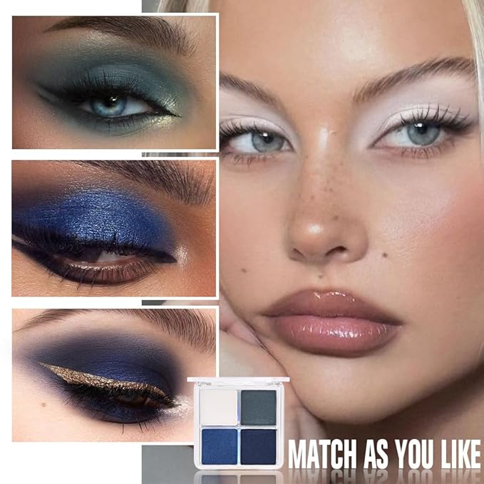 evpct Eyeshadow Quad Palette, White Cyan Royal Dark Blue Green Glitter Shimmer Metallic Matte High Pigment Mini Eye Shadow Palette Makeup for older Women, Smudge Proof Vegan Cruelty-free Night Mayhemt