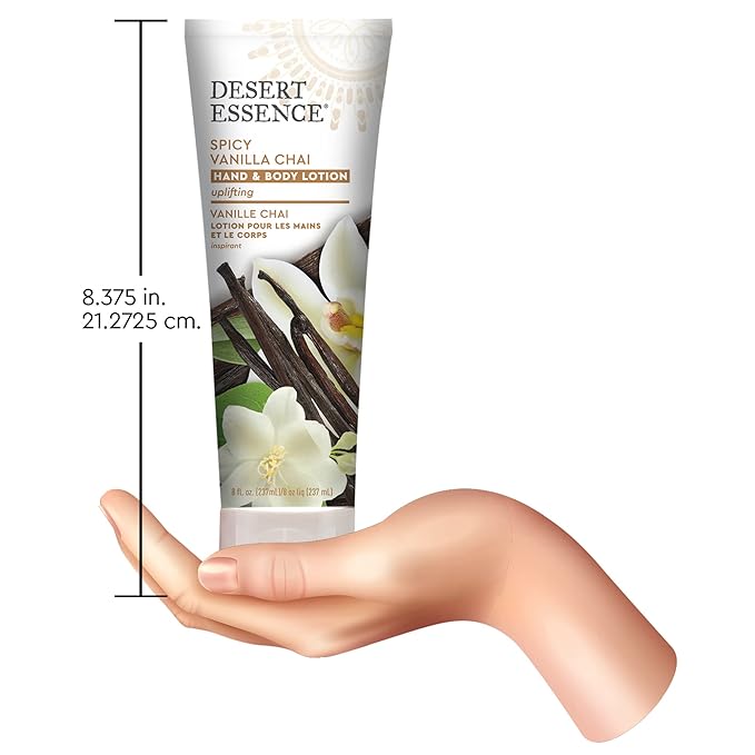 Desert Essence Spicy Vanilla Chai Hand & Body Lotion, Uplifting, Smoothes & Softens Skin, No Greasy Residue, Aloe Vera, Shea Butter, Vitamin E, 8 Fl Oz