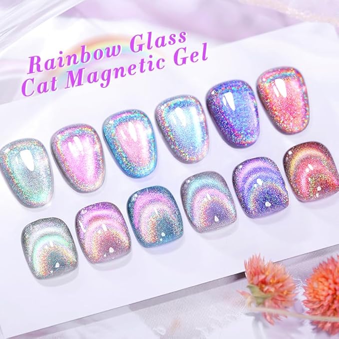 Born Pretty Magnetic Gel Nail Polish Holographic Glass Cat Magnetic Eye Gel Polish Nail Gel Soak Off Nail Art Salon Manicure Collection Gift 6pcs