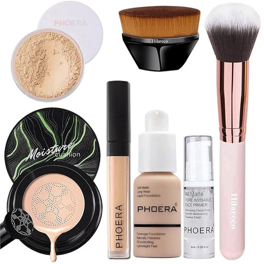 PHOERA Foundation Full Coverage Makeup, Mushroom Head Air Cushion CC Cream Natural Foundation Set,PHOERA Concealer, PHOERA Primer, PHOERA Powder, Foundation Brushes (102 Nued +02 Natural CC)