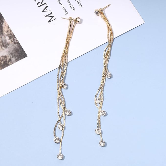 Boho Cz Tassel Chain Earrings Gold Drop Crystal Earrings Long Chain Dangle Earrings Rhinestone Linear Chain Earrings Sparkle Crystal Wedding Earrings Jewelry for Women and Girls