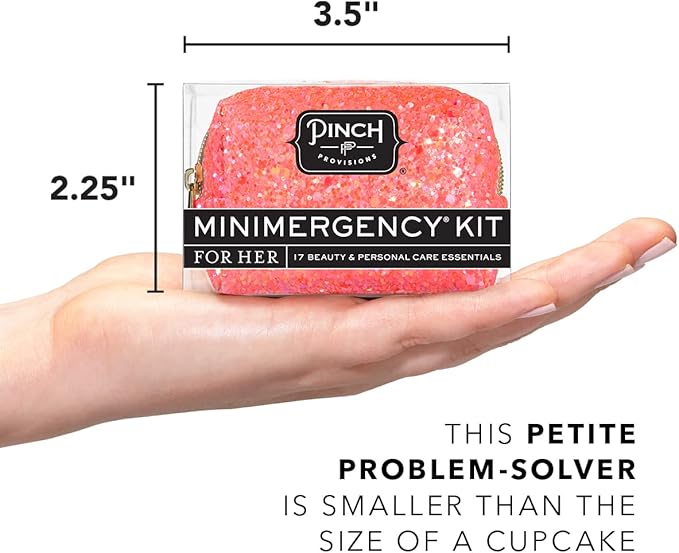 Pinch Provisions Coral Glitter Minimergency Kit, includes 17 Travel-Sized Cosmetic Essentials, Convenient for Purses, Emergency Beauty Accessories, Gifts for Holiday’s & Birthday’s