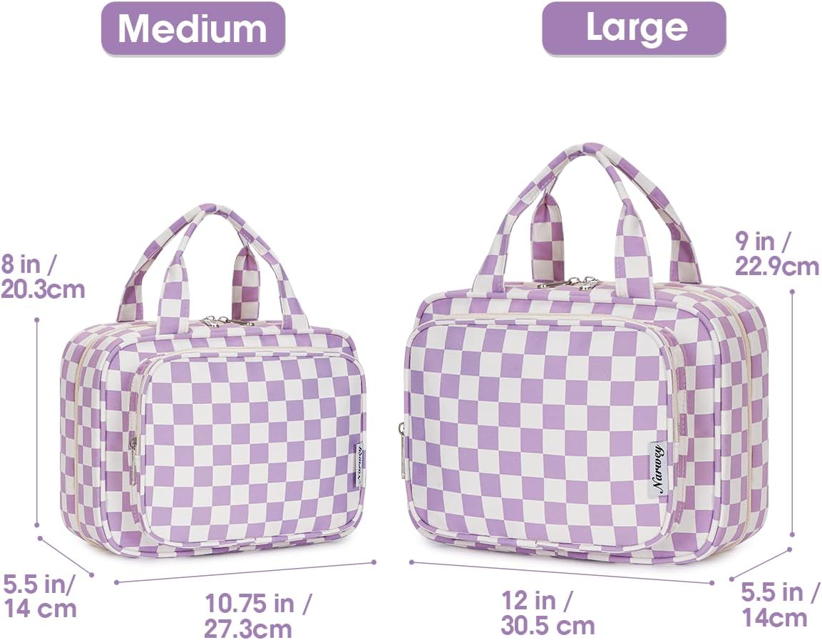 Narwey Travel Toiletry Bag for Women Large Hanging Makeup Bag Organizer Toiletries Bag for Full Size Essentials Accessories Cosmetics (Purple Checkerboard (Large))