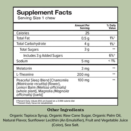 Chewsy Peaceful Sleep Chews, Sleep Support, 3 mg Melatonin, 200 MGS L-Theanine, Chamomile, Lemon Balm, Magnolia, Nighttime Sleep Aid, Naturally Minty Chews, Promotes restful Sleep, 6 -Day Supply (1)