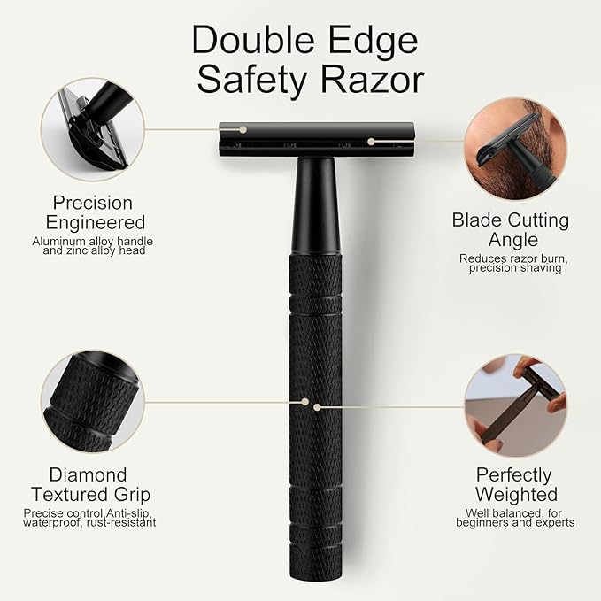 Double Edge Safety Razor with Stand, Single Blade Razors for Men and Women, Reusable Metal Razor, with 10 Stainless Steel Double Edge Blades, Smooth and Close Shave, Plastic Free, Matte Black