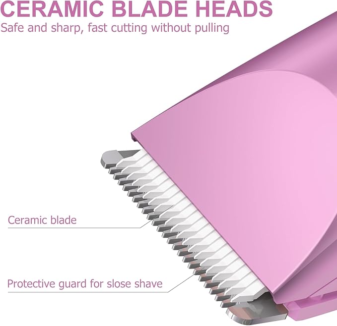 OLOV Electric Body Hair Trimmer - Groin Trimmer for Men - Bikini Trimmer Women - Wet/Dry Shaver Groomer, Replaceable Ceramic Blade Heads, USB Recharge Dock, Waterproof Hygiene Razor, Pink