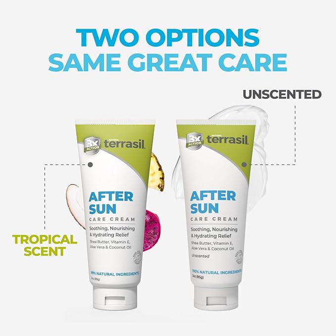 terrasil After Sun Care Lotion with Aloe Vera, Shea Butter, Coconut Oil, & Vitamin E, Soothing Sunburn Relief for Sun Exposed Skin, Deeply Nourishing. Natural Body Lotion (3 oz) Tropical Scent