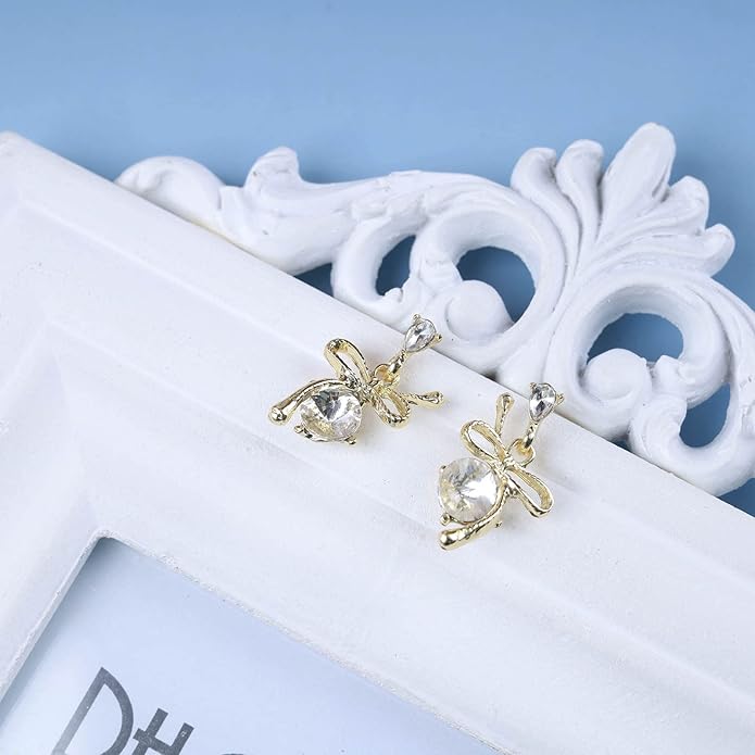 Vintage Rhinestone Bow Drop Earrings Gold Teardrop Crystal Earrings Round Cut Stud Earrings Bow Crystal Bridal Earrings Jewelry for Women
