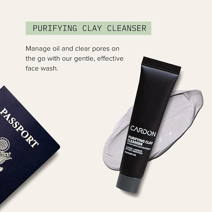 Cardon Jet Set Travel Sized Mens Skin Care Kit, Cactus Based Korean Skin Care Men, Includes SPF Sunscreen Moisturizer, Dark Circle Eye Rescue Cream, Clay Cleanser, 3-in-1 Hydro Gel, Lip Balm- Gift Set