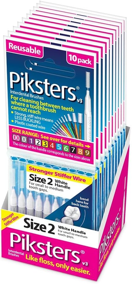 Piksters Interdental Brushes, Size 2, 100 Count (10 x 10 Packs), Interdental Tooth Brush for Extremely Tight and Fine Gaps, Gum Soft Bristles for Plaque Removal, Safe for Braces (100pk)
