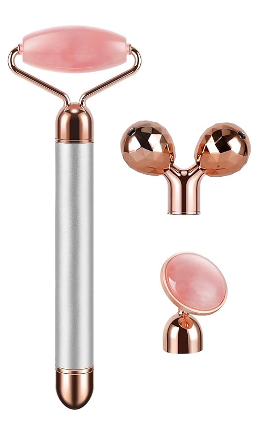 DANGSHAN 3-in-1 Electric Jade Roller 3D Roller Facial Roller & Face Massager, Rose Quartz