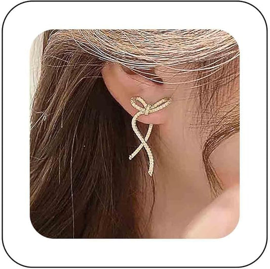 Vintage Crystal Bow Earrings Rhinestone Bow Drop Earrings Long Cz Rhinestone Earrings Gold Bow Cz Stud Earrings Jewelry for Women