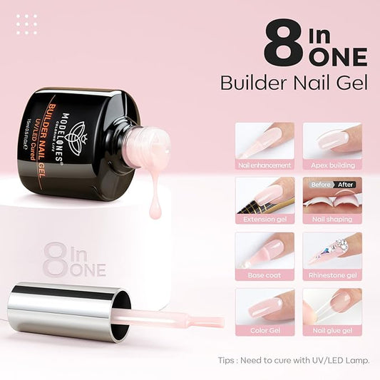 modelones Builder Nail Gel, 8-in-One Cover Nude Builder, LED Lamp Cured Thickening Apex Building Strengthener Extension Rubber Color Base Gel Polish Glue in a Bottle for Home DIY Salon Girls