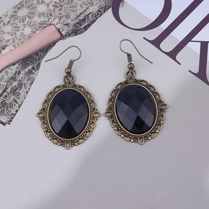 Vintage Black Crystal Drop Earrings Oval Onyx Dangle Earrings Large Onyx Stud Earrings Black Gem Hook Earrings Jewelry for Women and Girls