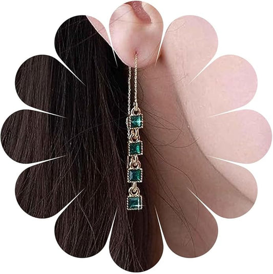 Vintage Crystal Emerald Threader Earrings Emerald Square Stud Earrings Long Chain Tassel Dangle Earrings Gold Bar Pull Through Earrings Jewelry for Women