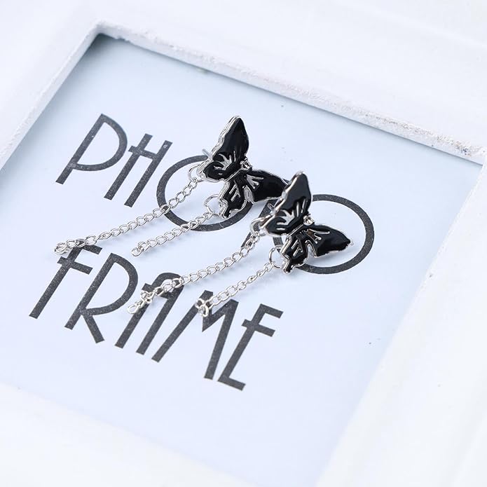 Vintage Butterfly Stud Earrings Silver Chain Tassel Dangle Earrings Black Butterfly Earrings Layer Chain Drop Earrings Jewelry for Women