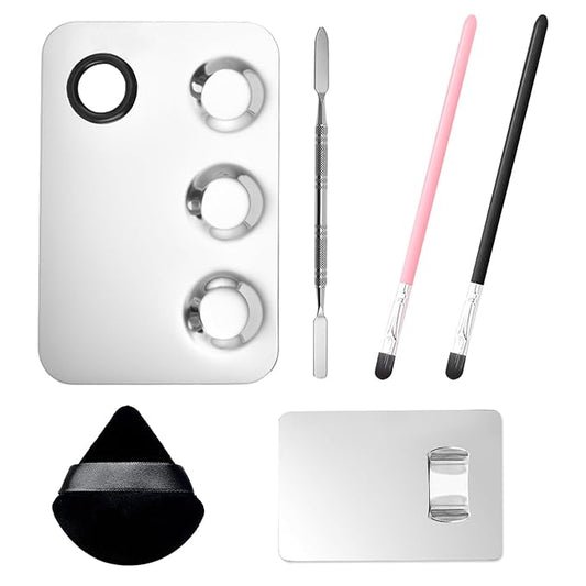 Stainless Steel Cosmetic Palette with Spatula, 3-well Mixing Makeup Palette and 3-dents Nail-art Mixer Metal Tray, also Fine Eyeliner Brush and Powder Puffs .Professional Makeup Palette with Spatula
