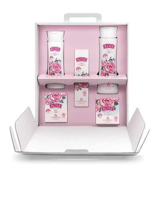 Bulgarian Rose 5 Piece Gift Set with Bulgarian Natural Rose Soap, Rose Body Wash, Rose Hand Cream, Rose Day Face Cream, Rose Micellar Water