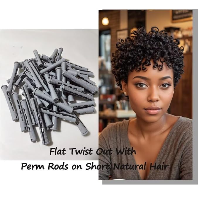 Perm Rods Set for Short Natural Hair 40pcs Gray Plastic Cold Wave Rods Hair Curling Rollers with Steel Pintail Comb Rat Tail DIY Hairdressing Tools（40pcs Gray）