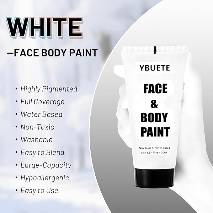 White Water Based Face Body Paint, 2.37 OZ Washable Large Tube Full Coverage Face Paint Cream for Adult Carnival Cosplay Halloween SFX Skull Joker Zombie Vampire Skeleton Goth Makeup