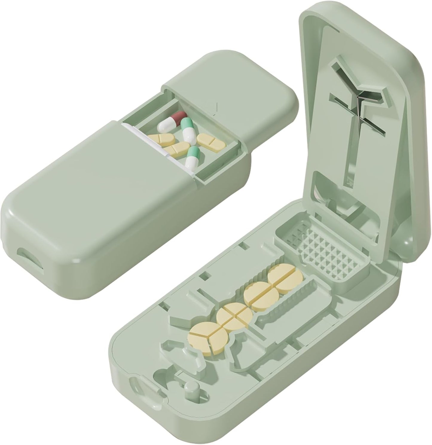 Precision Pill Cutter with Centering Guide - Multi-Angle Tablet Splitter for 1/2, 1/3 & 1/4 Cuts, Includes Pill Crusher & Storage Compartment (Green)