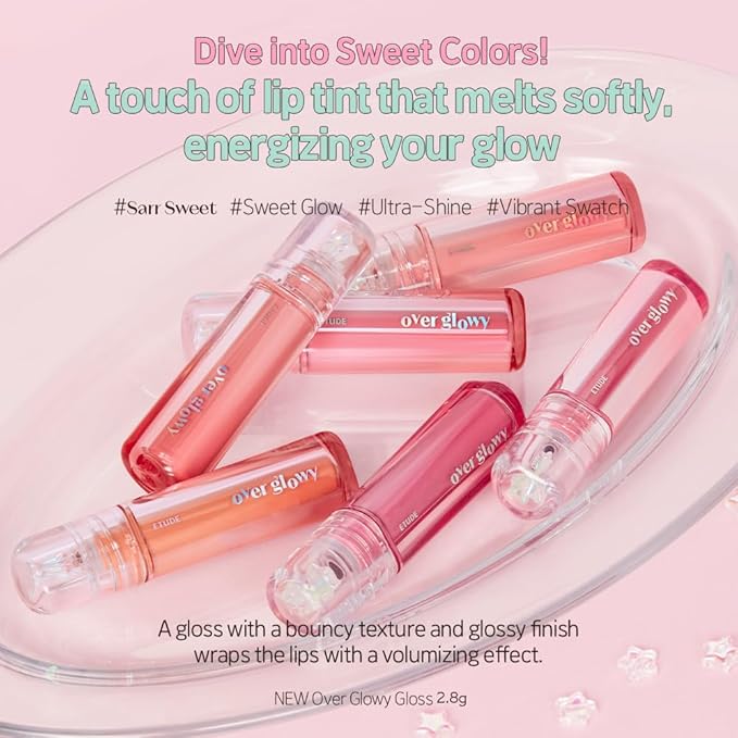 ETUDE Over Glowy Lip Gloss #3 Peach Sorbet | Non-Sticky Vegan Lip Tint | Moisturized & Long-lasting Lip Gloss | Daily Tint for Dry Lips, Korean Makeup, K-beauty, Perfect for Gift