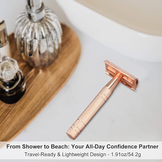 Matte Rose Gold Safety Razor, Single Blade Razors for Women, Reusable Metal Razor, with 10 Stainless Steel Double Edge Blades, Eco-friendly, Smooth & Close Shave, Plastic Free