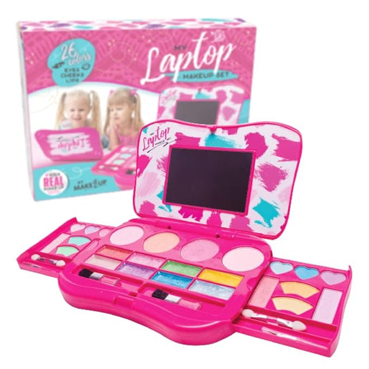 My First Makeup Set for Young Girls I Kids Makeup Kit for Little Girls I Foldable Makeup Palette with Makeup Mirror I Pink Set Makeup for Kids Vanity I Washable Laptop Design Toddler Makeup Kit Gift