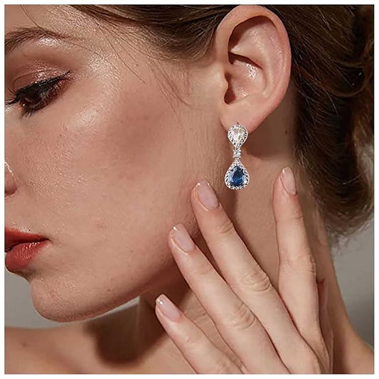 Vintage Sapphire Drop Earrings Oval Sapphire Crystal Earrings Silver Teardrop Rhinestone Stud Earrings Blue Crystal Wedding Earrings Jewelry for Women and Girls Gifts