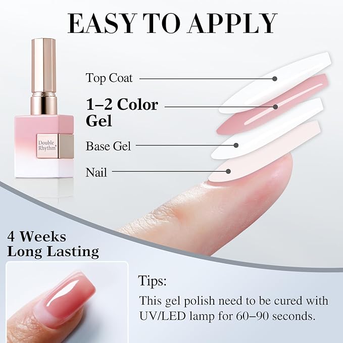 Double Rhythm Gel Polish Translucent Sheer Neutral Natural Light Milky Same Color Same Bottle 15ML Jelly Polish Art DIY at Home (Milky Pink Glitter-A1379)