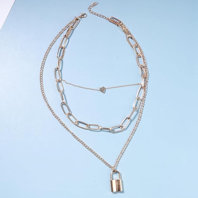 Punk Layered Heart Choker Necklace Gold Lock Pendant Necklace Chunky Paper Clip Chain Necklace Vintage Statement Necklace Chain Jewelry for Women and Girls Gift