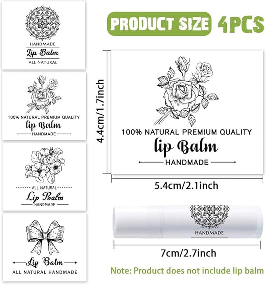 OLYCRAFT 100Pcs Self-Adhesive Lip Balm Tag Stickers 1.7x2.1 inch Adhesive Label with 4 Styles Patterns Rectangle Lipstick Tag Sticker for Lip Balm Container Tubes Lipstick Wrapping Decoration